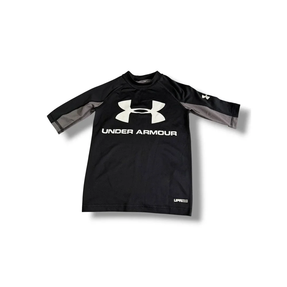 Under‎ Armour Boys HeatGear UPF 50+ Rash Guard Swim Shirt Black Gray YSM New